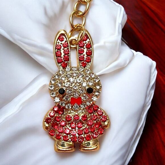 White and Red Rhinestone Bunny Gold Tone Keychain - Picture 3 of 3